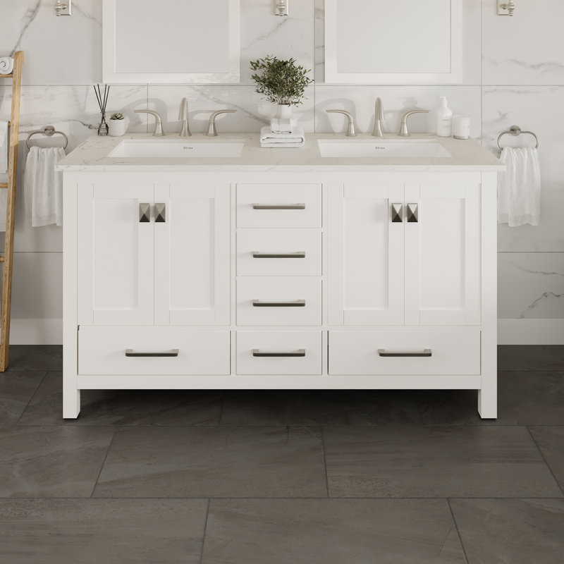 Minnich 60"W x 22"D Double Sink Bathroom Vanity with White Carrara Countertop and Undermount Porcelain Sinks, White