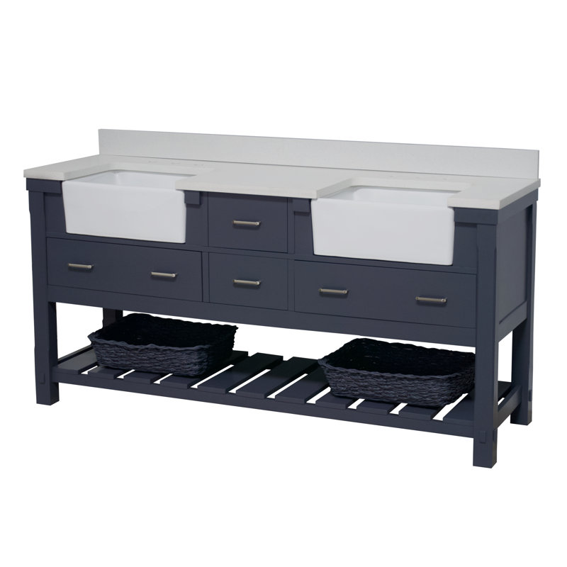 Hitton 72'' Double Bathroom Vanity with Top, Quartz, Marine Gray