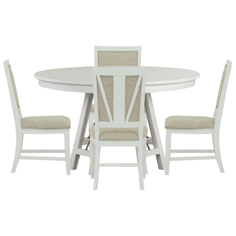 52" Round Dining Table With 4 Upholstered Side Chairs, White, 5 Pieces: Table, 4 Chairs