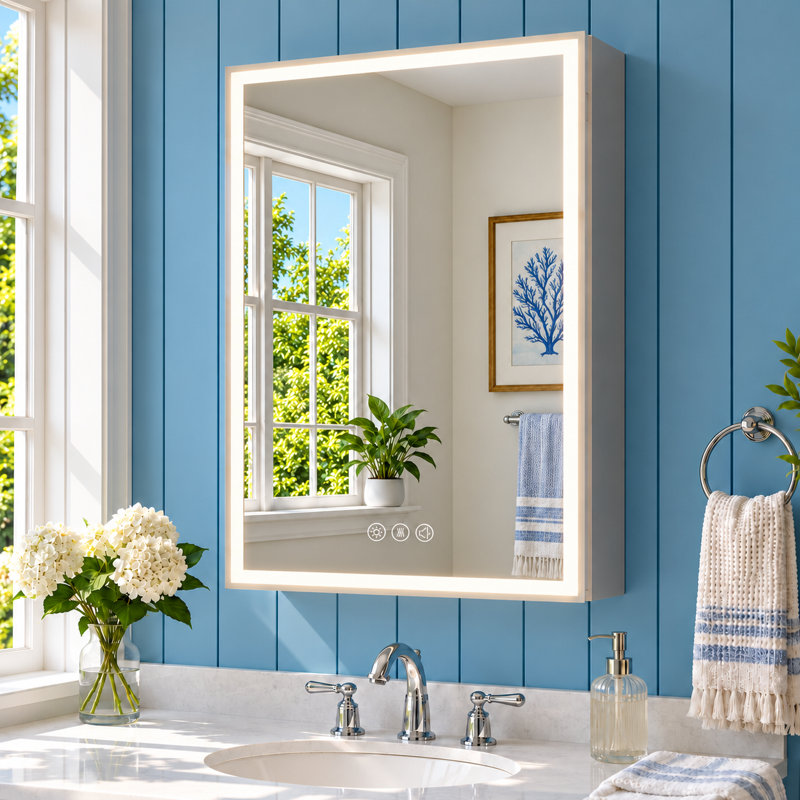 LED Bathroom Medicine Cabinet with Mirror, Defogger, Bluetooth Speakers and Adjustable Storage, 28" H x 20" W x 6" D