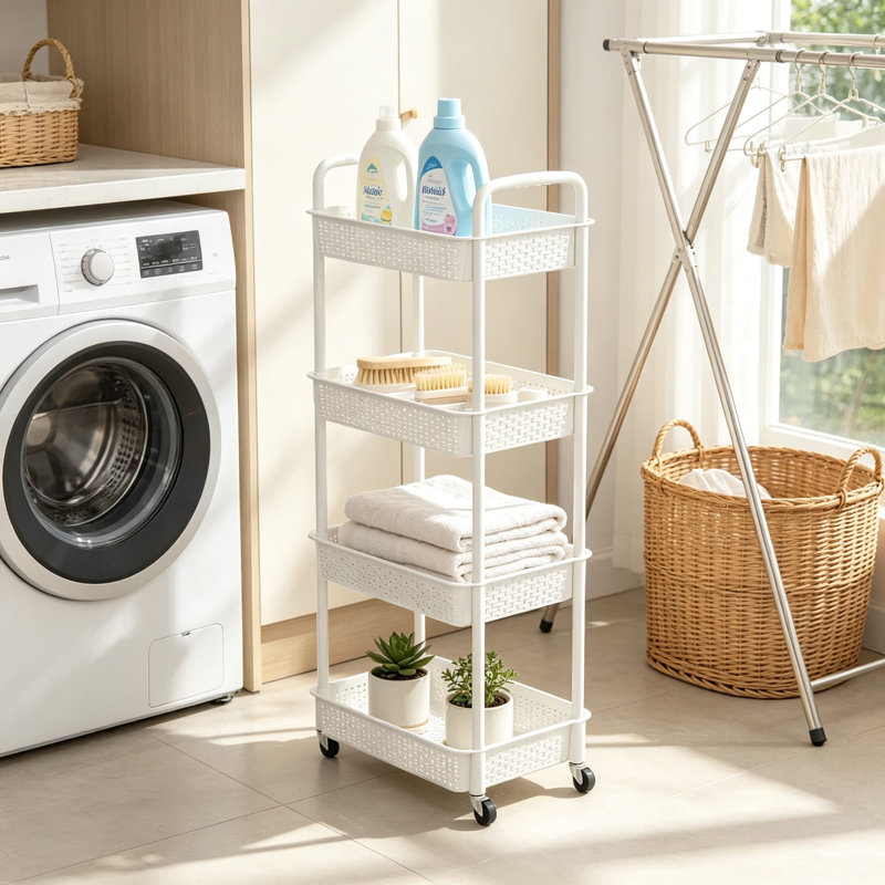 Chariot utilitaire roulant en plastique à 4 niveaux avec poignée, étagères de rangement mobiles pour cuisine, bureau, salon, buanderie, blanc