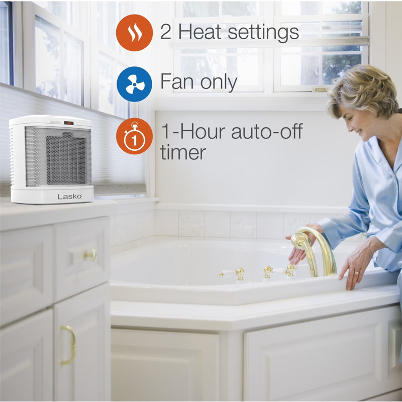 Lasko 8" 1500W Electric Bathroom Space Heater with ALCI Safety Plug and Timer, CD08210