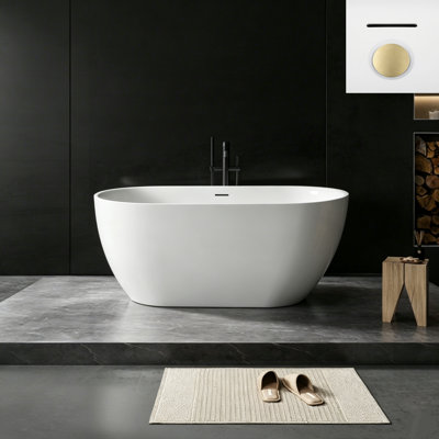 Baignoire autoportante en acrylique blanc brillant de 140 x 73 cm (55 x 28,74 po) avec trop-plein intégré et bonde rétractable dorée brossée.