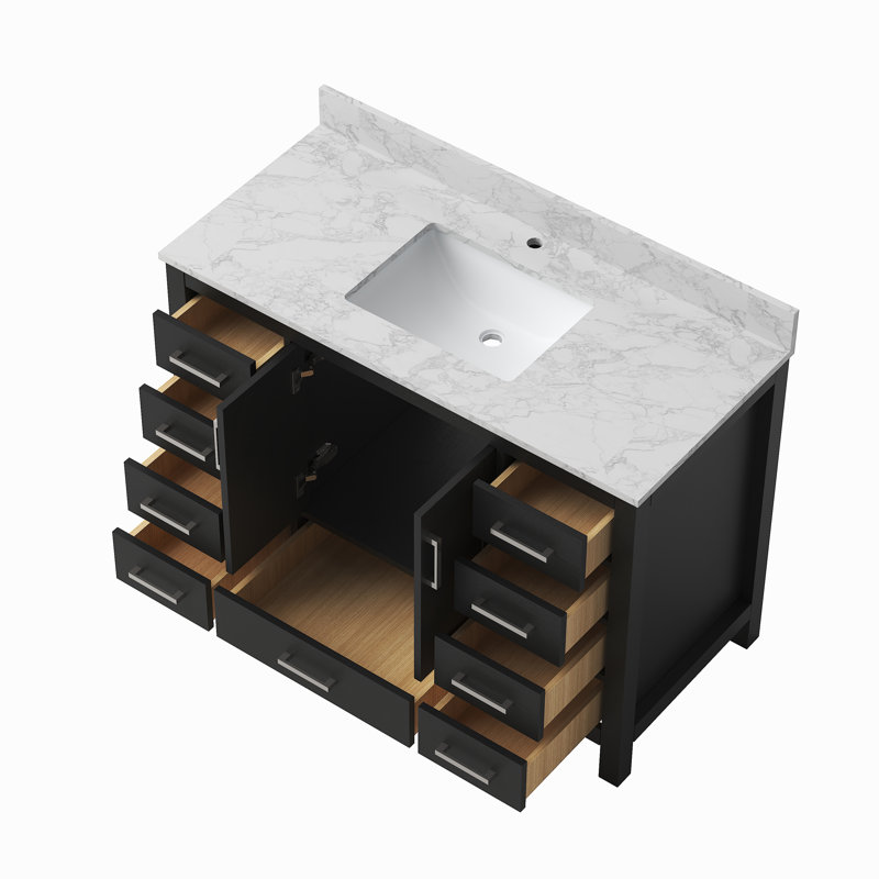 Ensemble de meuble-lavabo simple 48 po Aura avec plateau et dosseret en granit blanc à surface solide Aura, Noir, 48"