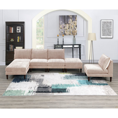 Modern Gorgeous 6Pcs Modular Set 4X Armless Chairs 2X Ottomans Living Room Furniture Blush Pink Morgan Fabric Couch
