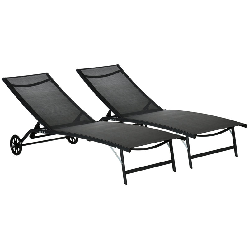 Outsunny Chaise Lounge Outdoor, 2 Piece Lounge Chair With Wheels, Tanning Chair With 5 Adjustable Positions For Patio, Beach, Yard, Pool, Black