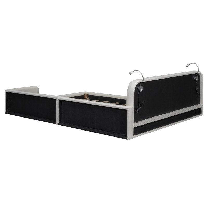 Grand lit plateforme tapissier avec 2 lampes de lecture, blanc