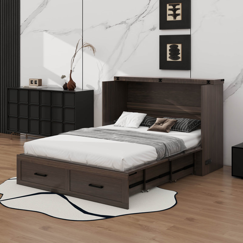 Grand lit escamotable avec station de charge, Gris rustique