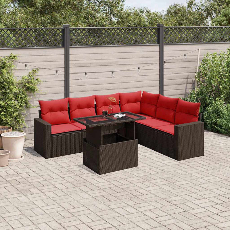 Ensemble de canapé de patio 7 pièces avec coussins en rotin de polyester, Rouge, Brun