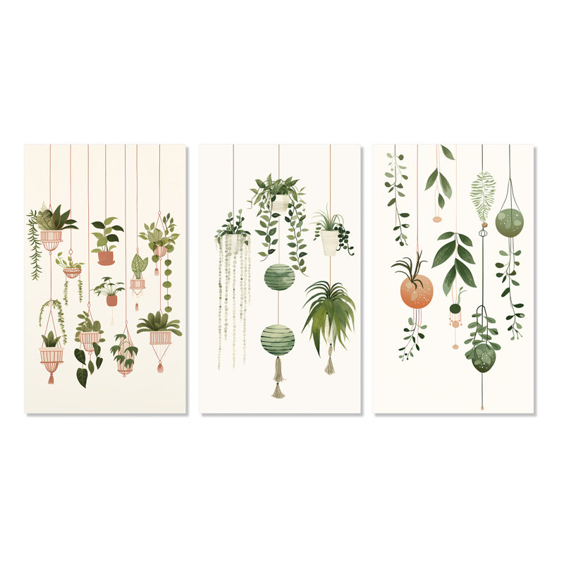 «Botanical Bliss Joyful Hanging Boho Houseplants», 3 pièces sur toile, H 28 po x l 36 po, Toile tendue