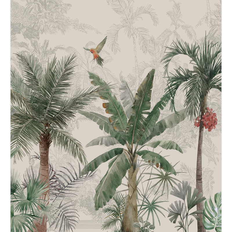 Jungle vibrante colorée avec oiseaux, L 132 po x l 120 po
