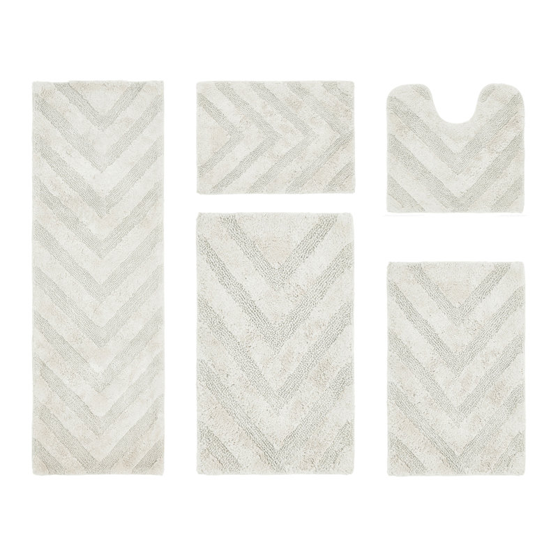 Hugo Premium 100% Cotton 1990 GSM 5-Piece Tufted Chevron Bath Rug Set with Non-Slip Spray Latex Backing, OEKO-TEX® Certified, Super Absorbent & Machine Washable, Ivory