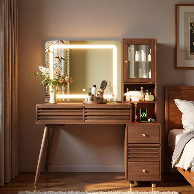 Bureau de maquillage avec miroir et lumières, 5 tiroirs, armoire de rangement en verre cannelé et prise de courant, Espresso