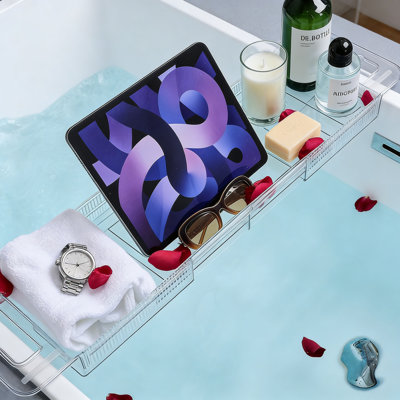 Organisateur de plateau de baignoire et de spa réglable avec 2 porte-gobelets, support pour téléphone et 5 réglages d'angle pour des bains relaxants