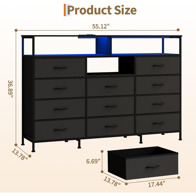 Commode pour chambre à coucher avec 11 tiroirs en tissu, meuble télé avec prise de courant de 55 po, Noir