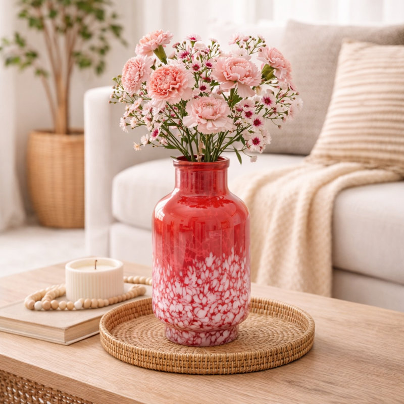 Vase | Vase Ruby Luster avec éclaboussure en verre blanc | Décoration luxueuse décorative pour la maison | 7 x 12 po