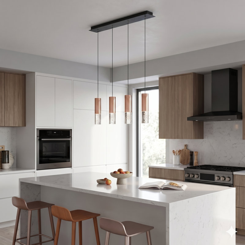 Luminaire suspendu linéaire à 4 lumières pour îlot de cuisine Rathi, Cuivre