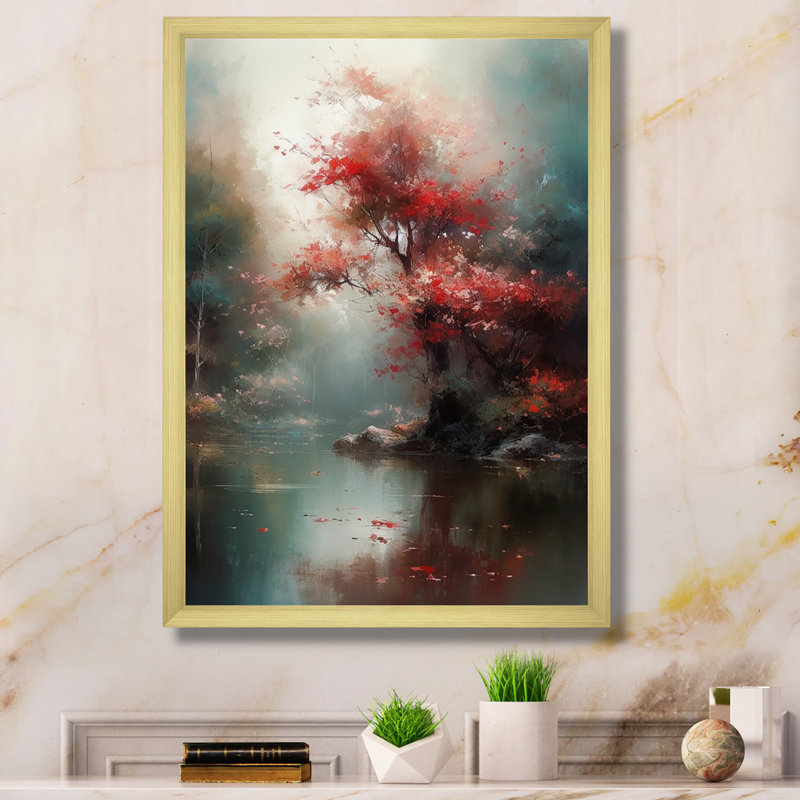 Nayna Red, charmante cerise Lilly sur toile, H 32 po x l 16 po x P 1 po, Encadrement doré