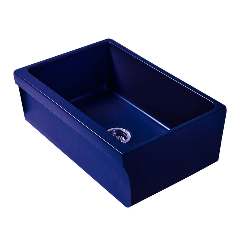 Whitehaus 30” Reversible Single Bowl Fireclay Kitchen Sink: 2-1/2" Lip, Beveled Front Apron, Glossy Blue