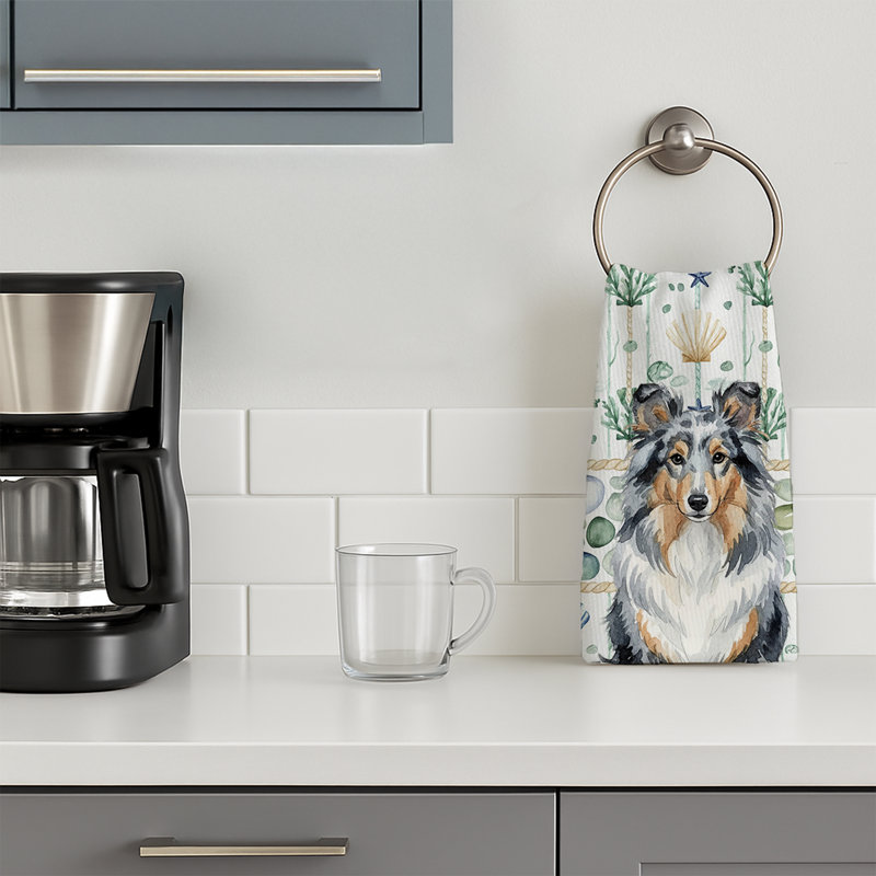 Blue Merle Sheltie Coastal Sea Glass Kitchen Towel, Blue Merle Sheltie