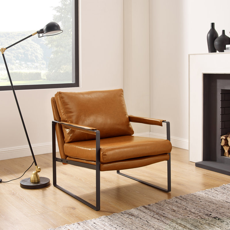 Upholstered Armchair, Orange Brown Faux Leather