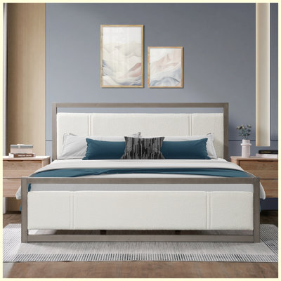 Modern Wood Bed Frame with Upholstered Headboard