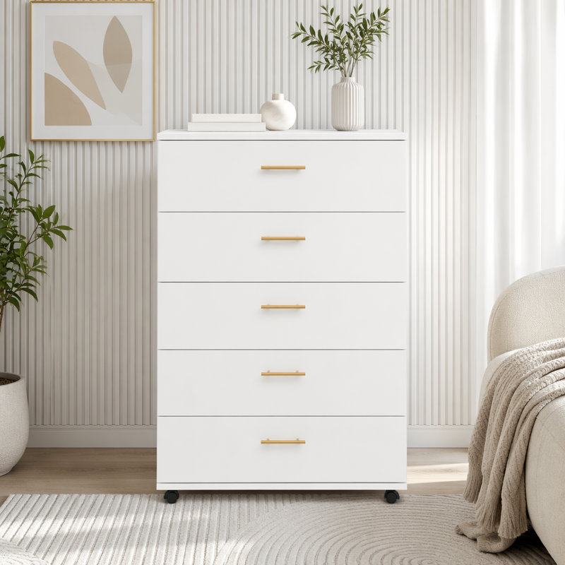 Commode blanche à 5 tiroirs avec poignées