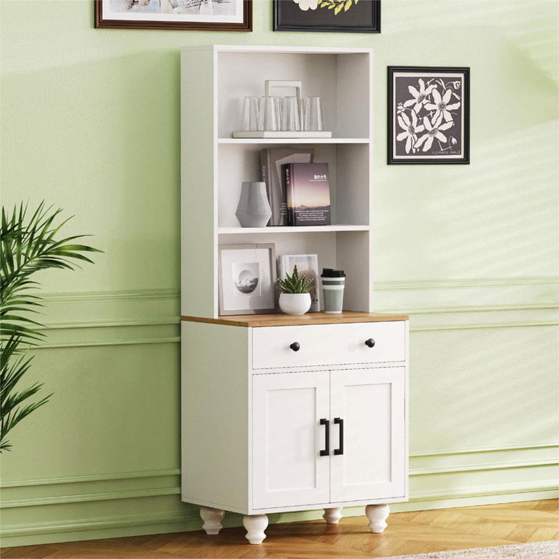 Storage Cabinet with Adjustable Shelves, 5 Tier Bookshelf with Drawer, White
