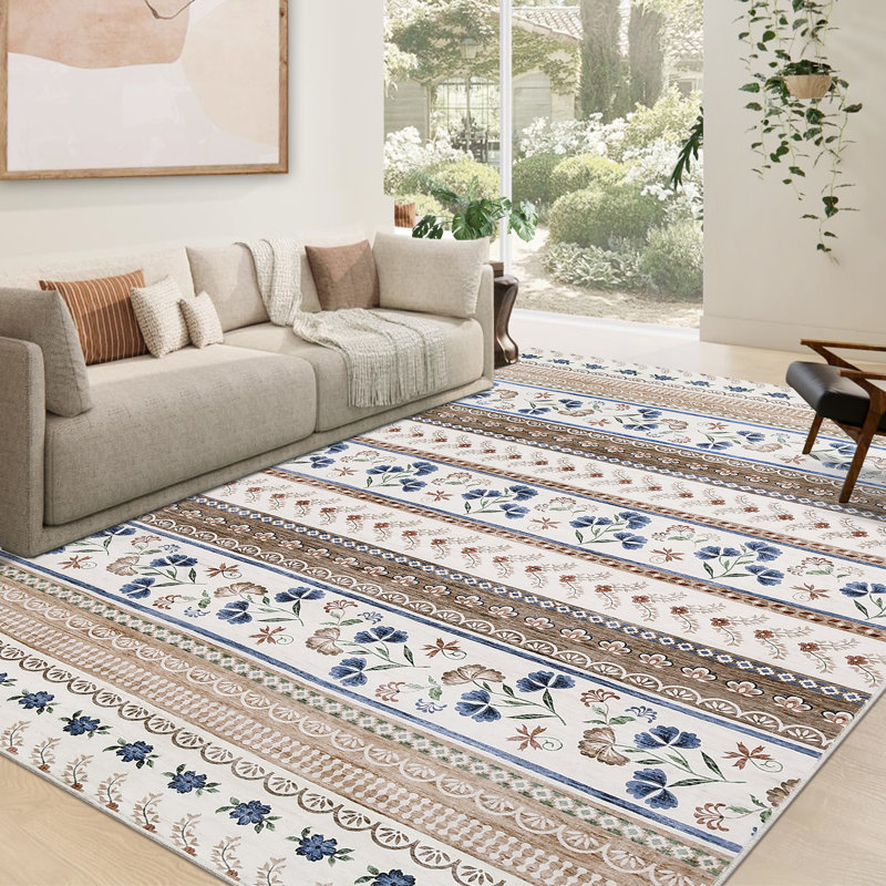 Floral Machine Washable Rug with Rubber Non-Slip Backing for Living Room, Dining Room, Bedroom, Office & Playroom