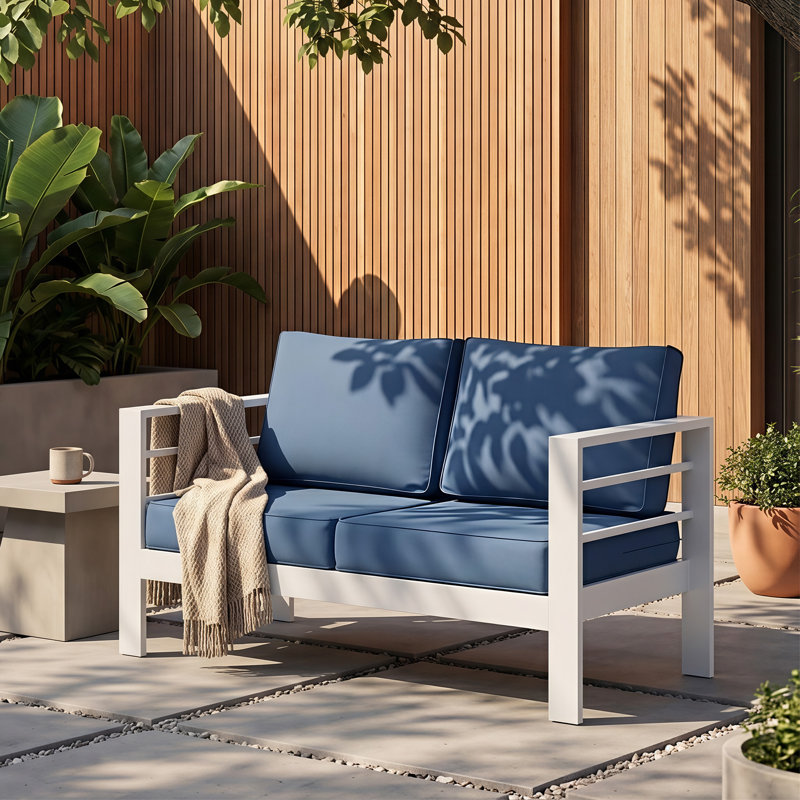 Canapé d'extérieur pour 2 personnes avec coussins, Structure blanche / coussin bleu