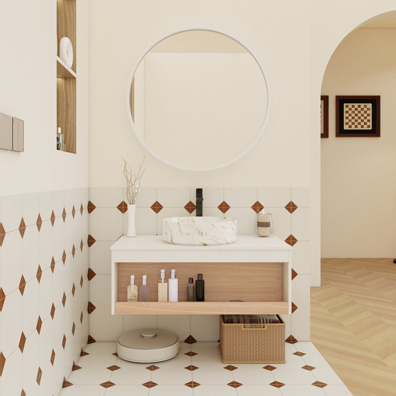 Meuble-lavabo flottant avec lavabo vasque en marbre veiné doré, conception murale avec rangement ouvert, finition blanche moderne et peu encombrante