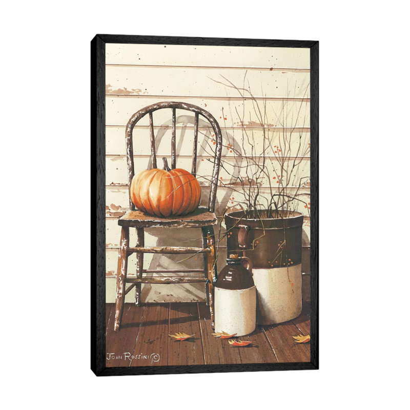 Pumpkin & Chair by John Rossini - Painting on Canvas, 66.04 cm H x 45.72 cm W, Black Framed