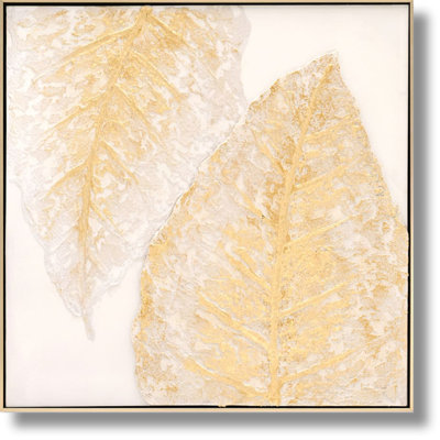 Gilded Tranquility Leaf Duo Canvas Wall Art - 32" x 32" - Gold Frame