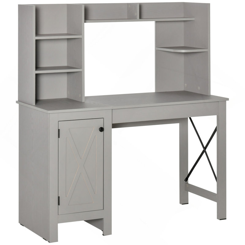 Farmhouse Computer Desk With Hutch And Cabinet, Home Office Desk With Storage, For Study, Light Grey, Light Gray