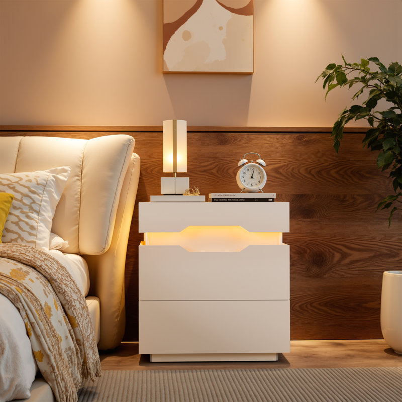 Emmakay Nightstand with Wireless Charging Station, LED Light and 2 Drawers, 2, Individual