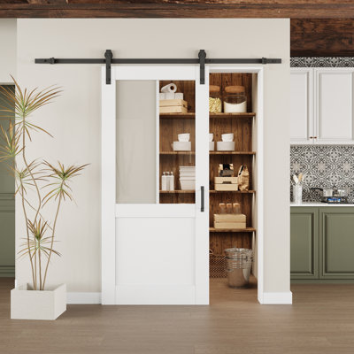 Modern White Primed And Clear Glass Sliding Barn Door With Installation Hardware Kit(No Assembly Required)