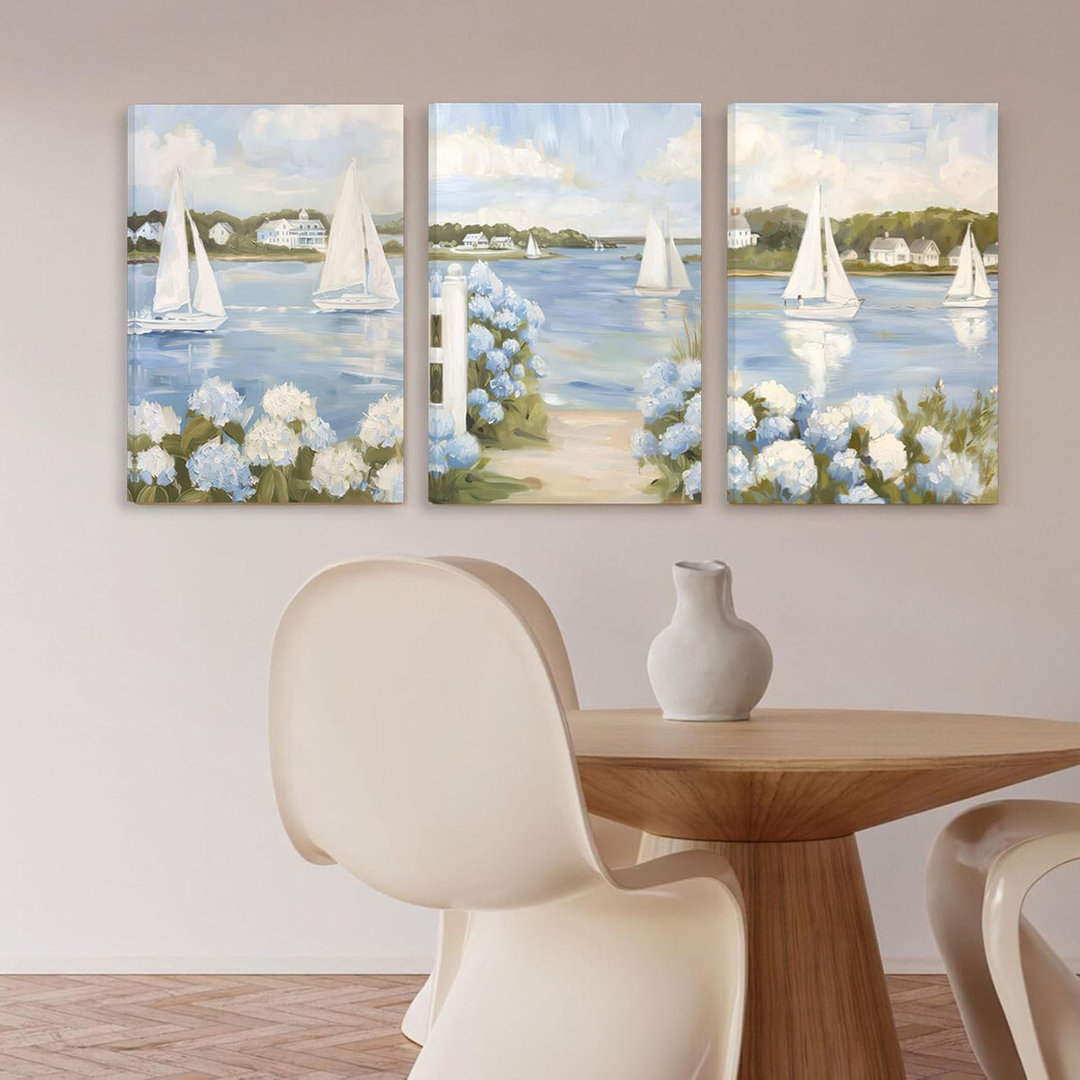 3Pcs Blue Seaside Hydrangea Canvas Wall Art Coastal Sailboat Pictuer Wall Summer Seaside Garden Prints Vintage Hydrangea Poster Seascape Landscape Pic