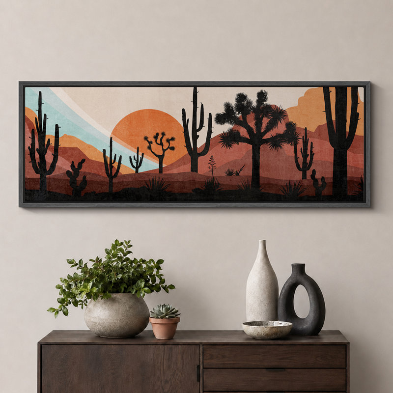 Cactus Desert Western Desert Sunset avec Cactus, H 20 po x l 60 po, Noir, noir, noir, noir
