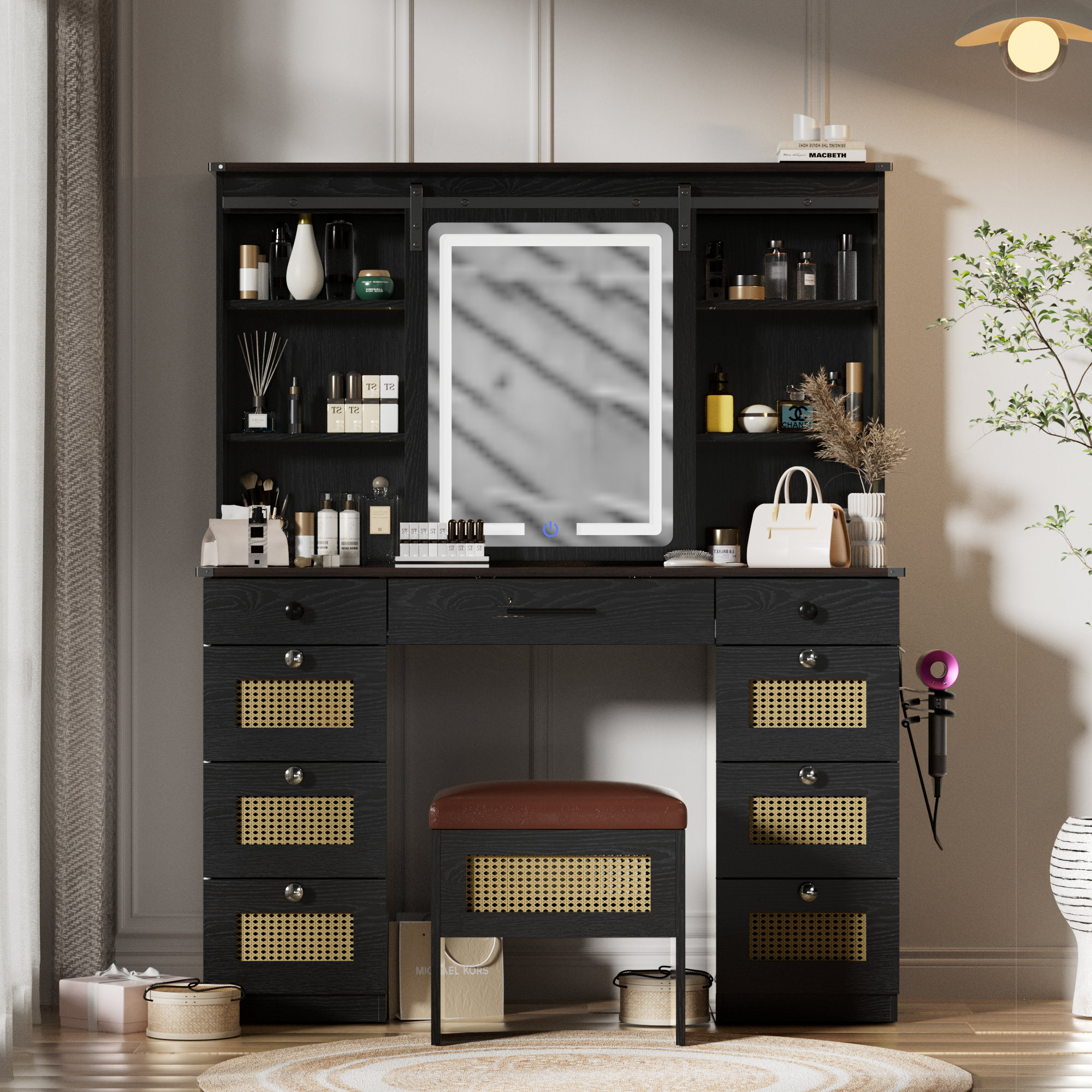 Latitude Run® Farmhouse Brown Vanity Desk With 9 Rattan Drawers, Rustic ...