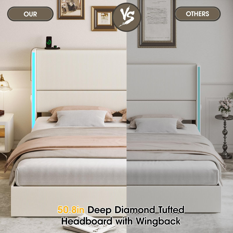 White Queen Upholstered Bed Frame with 4 Storage Drawers and LED Lights