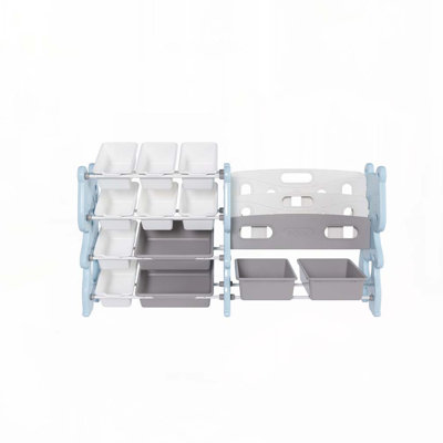 Organisateur de rangement de jouets pour enfants, organisateur de jouets avec bibliothèque à 2 niveaux, rangement de jouets avec tablette et 12 bacs à jouets, bibliothèque et rangement pour jouets pour salle de jeux, chambre à coucher, chambre d'enfant, salle de classe