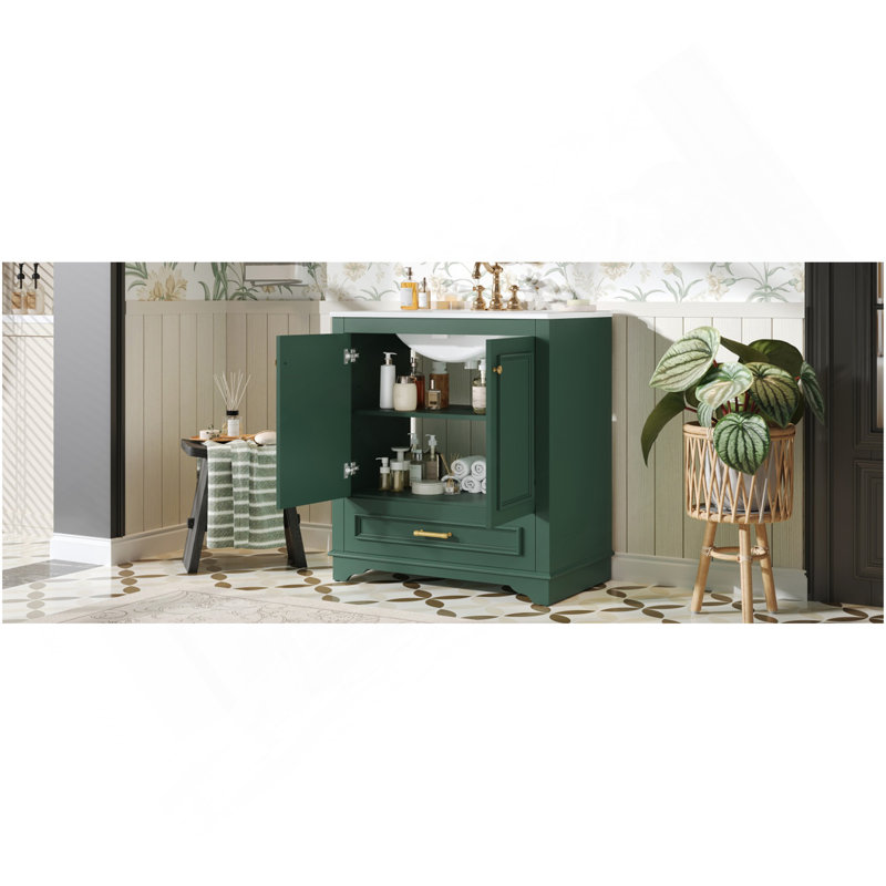 Meuble-lavabo de luxe 30 po avec lavabo en céramique, meuble-lavabo avec 2 grandes portes à fermeture douce, meuble de rangement en bois