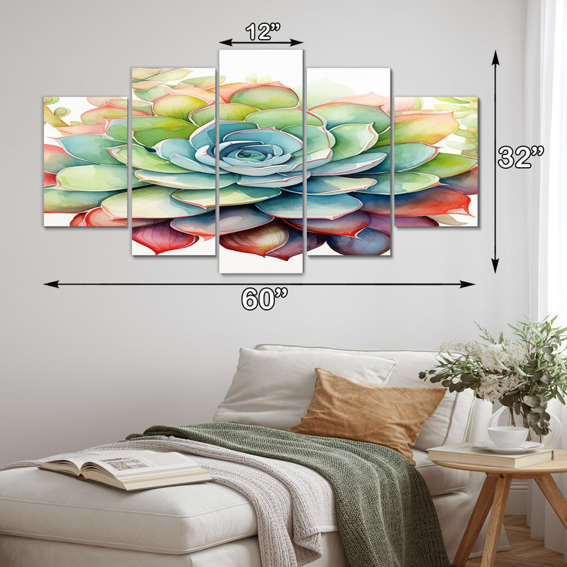 «Blossoming Succulent In Tender Retro Blue», reproduction d'art sur toile - 5 panneaux