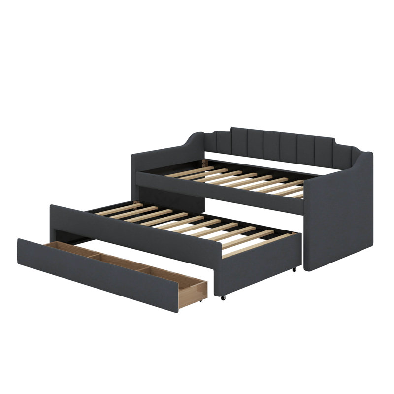 Twin Upholstered Daybed With Trundle And Drawers, Gray