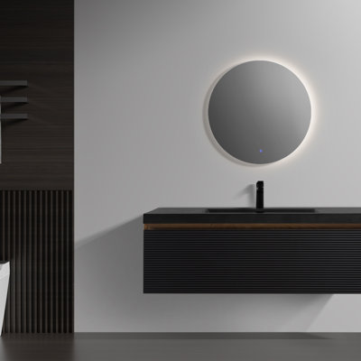 Meuble-lavabo mural flottant 48 po avec lavabo à sable en quartz noir mat, rangement surdimensionné et meuble-lavabo minimaliste