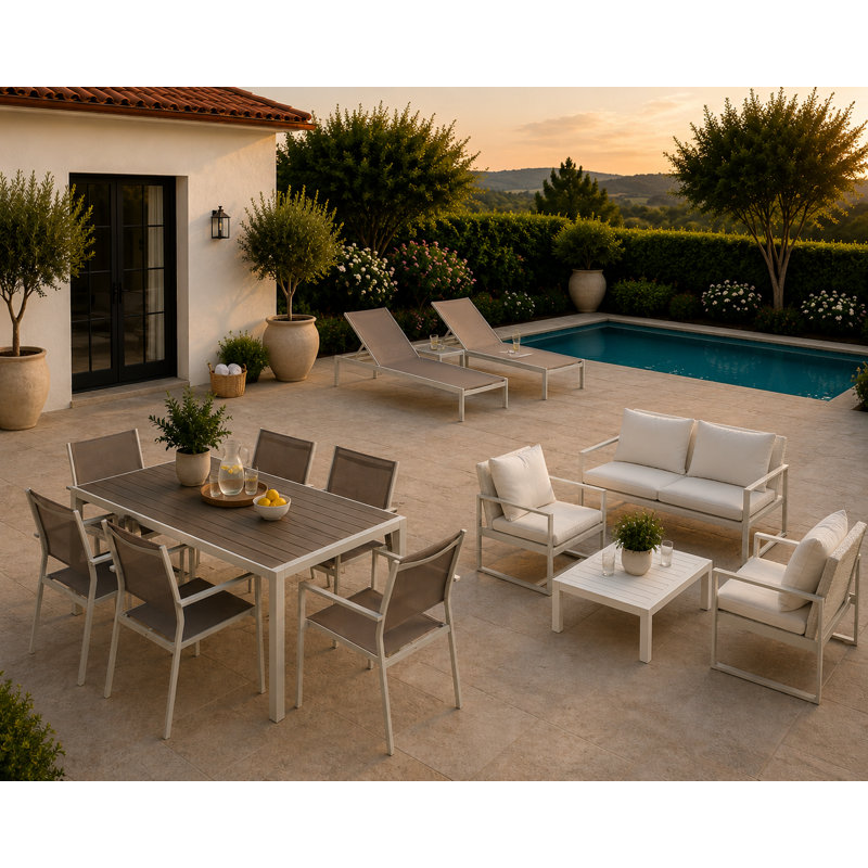 Pangea Home Chester 13-Piece Aluminum Outdoor Complete Patio Set with Cushions – Modern Full Seating & Dining Group with Quick-Dry Mesh, Polyresin Slatted Tabletop & Easy Assembly