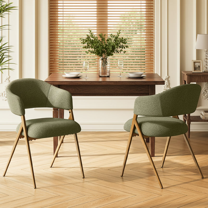 4" Thick Cushion Upholstered Dining ArmChair with Wood-Look Metal Leg, Green