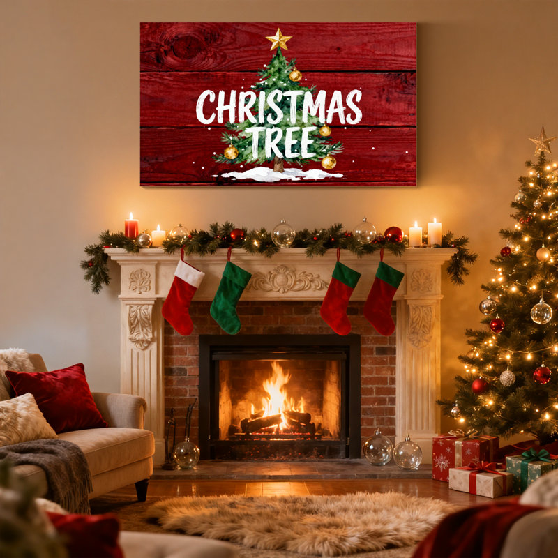 Arbre de Noël de Noël sur fond de bois rouge, ensemble de 3 impressions d'art sur toile, H 24 po x l 36 po