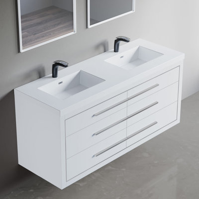 61'' Wall Mounted Double Bathroom Vanity with Solid Surface Top