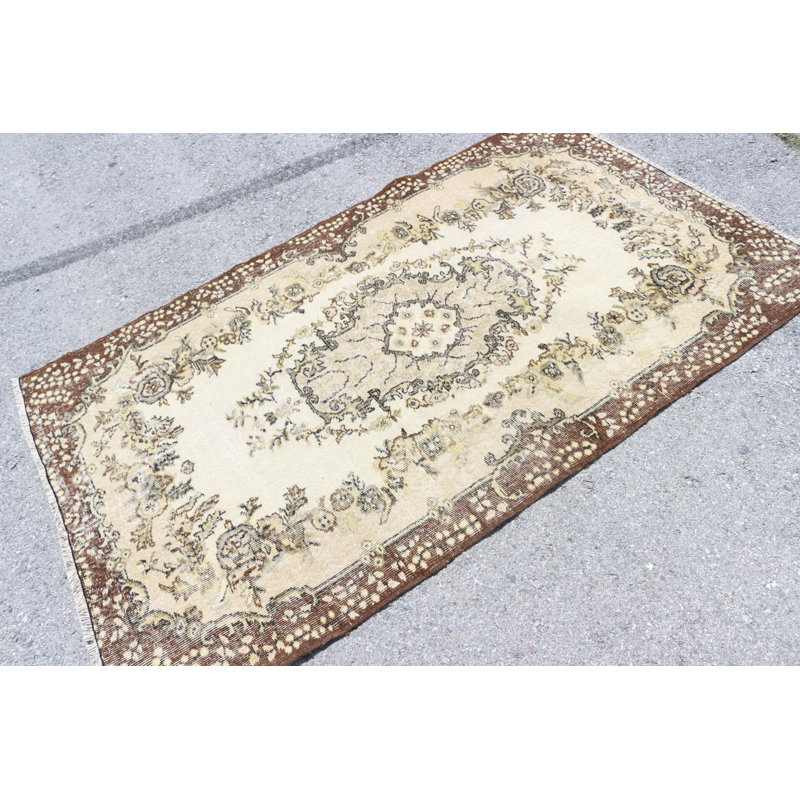 Tapis turc unique fait à la main avec motif floral beige brun - Revêtement de sol en laine pour la décoration intérieure